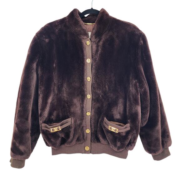 Vintage St. John Marie Gray Faux Fur Leather Brown Bomber...